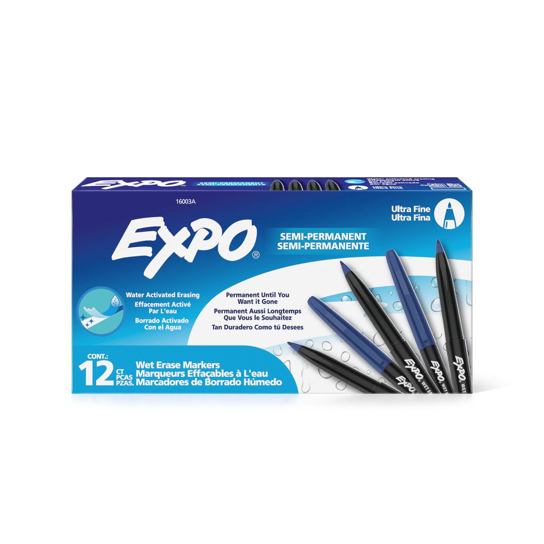 EXPO Wet Erase Markers, Semi-Permanent Markers, Blue, Ultra Fine Tip, 12 Count