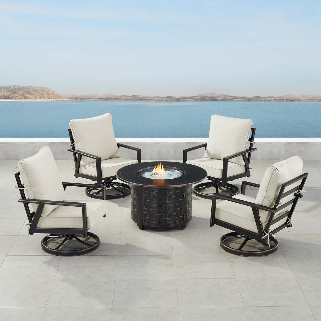 Black Aluminum Patio Fire Table Set with Four Club Chairs