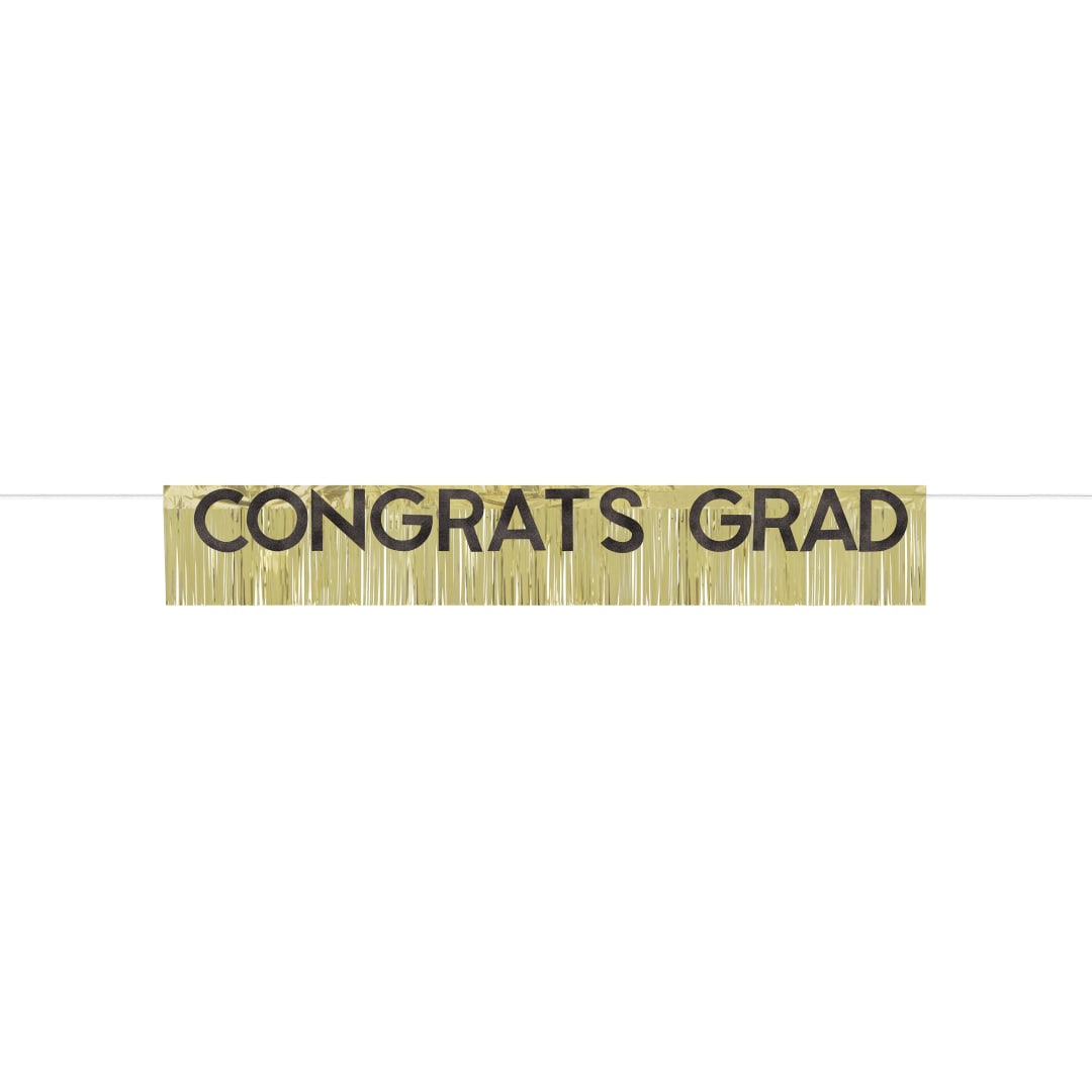 Gold Foil Glitter Fringe "Congrats Grad" Banner with Cutout Black Glitter Letters, 6 ft