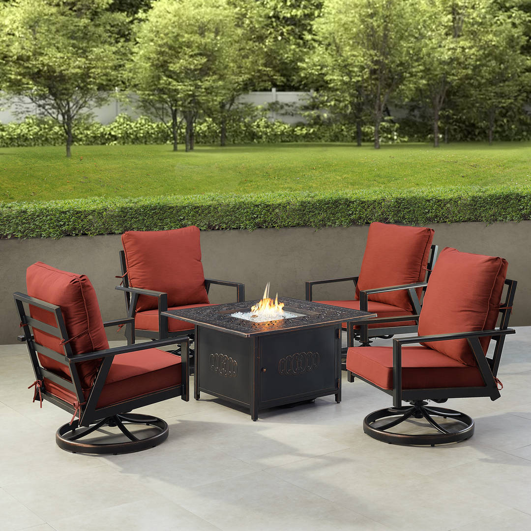 Black Aluminum Patio Fire Table Set with Four Club Chairs