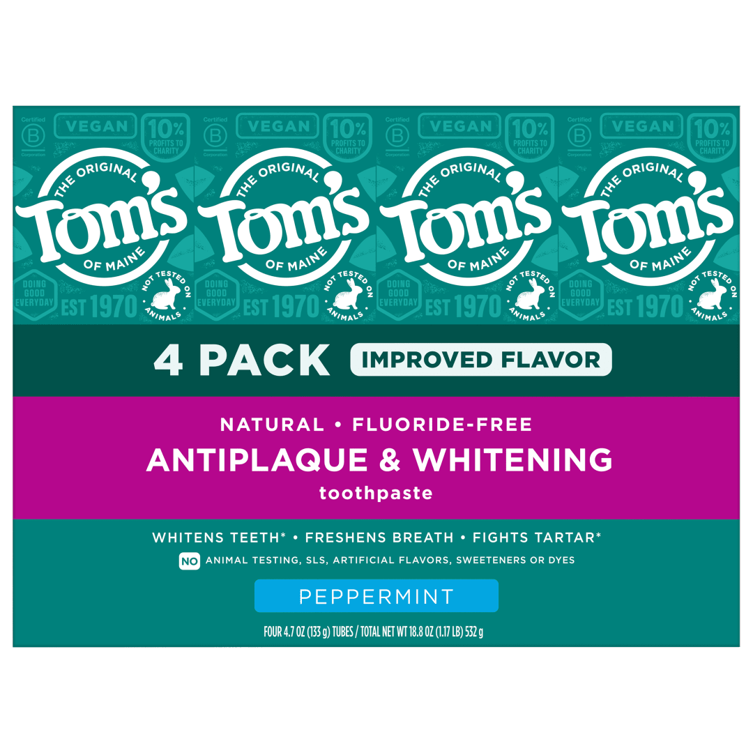 Tom’s of Maine Antiplaque and Whitening Fluoride Free Toothpaste, Peppermint, 4 Pack, 4.7 Oz