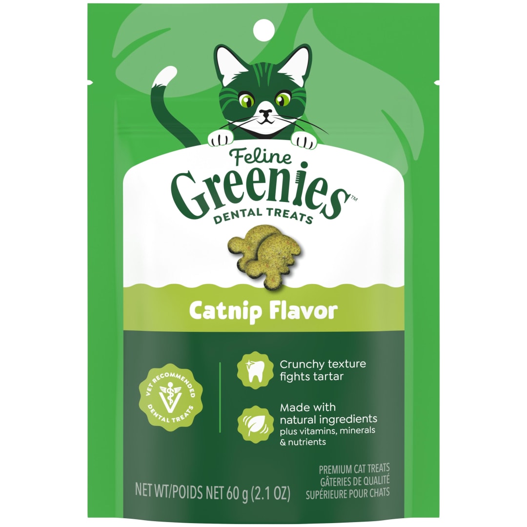 FELINE GREENIES Adult Natural Dental Care Cat Treats, Catnip Flavor, 2.1 oz. Pouch