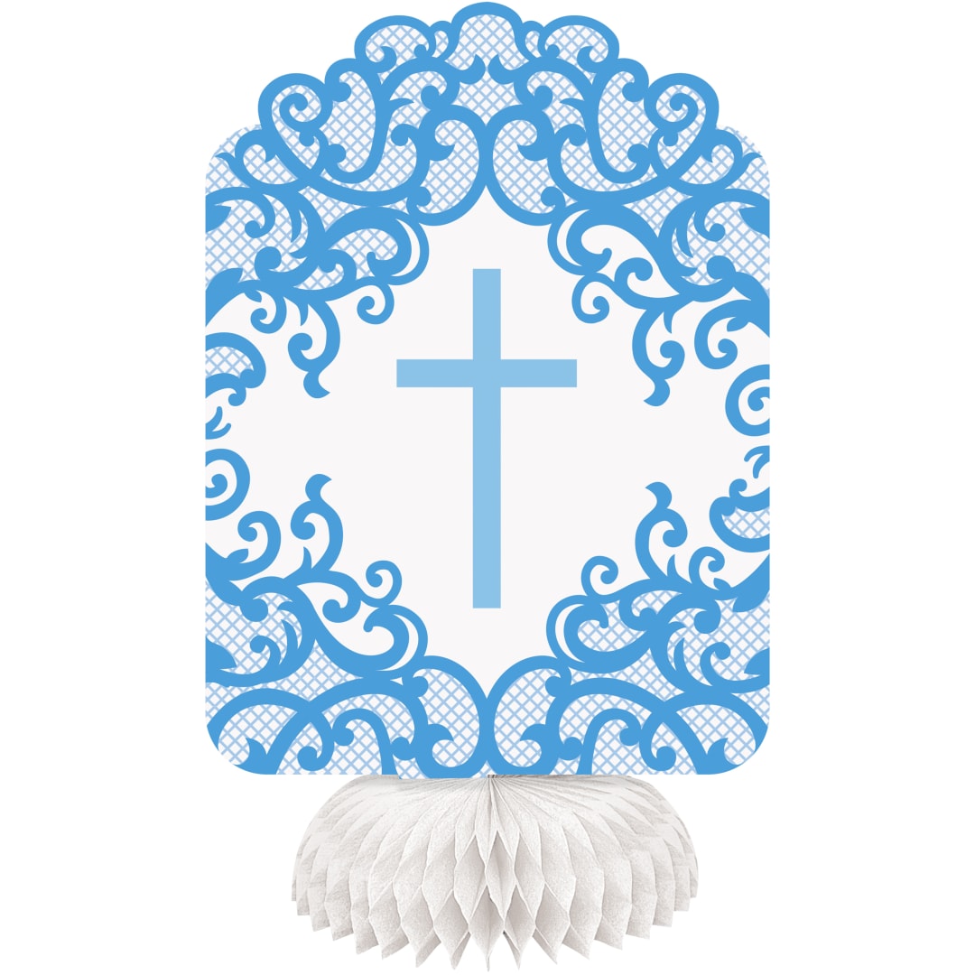 3 Fancy Blue Cross Honeycomb Decorations 8"H