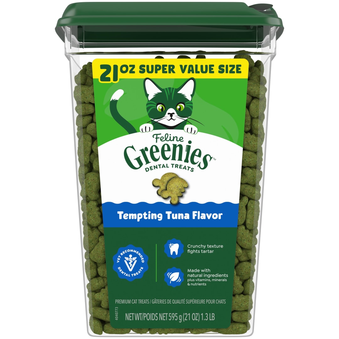 FELINE GREENIES Natural Dental Care Cat Treats Tempting Tuna Flavor, 21 oz. Tub