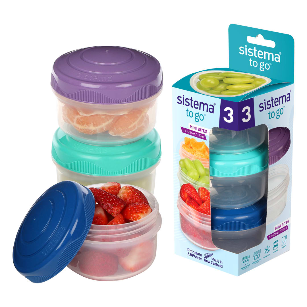 Sistema Snack Pots Mini Bites TO GO | 130 ml | Fiambreras apilables para aperitivos con tapas | Taper plastico | Tapas verderosa y azul | 3 unidades
