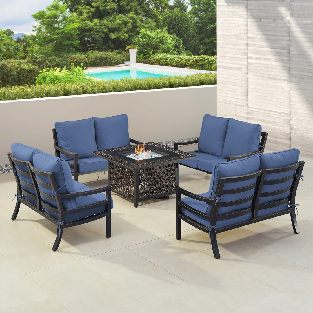 Black Aluminum Patio Fire Table Set with Four Deep Seating Loveseat with Cushions