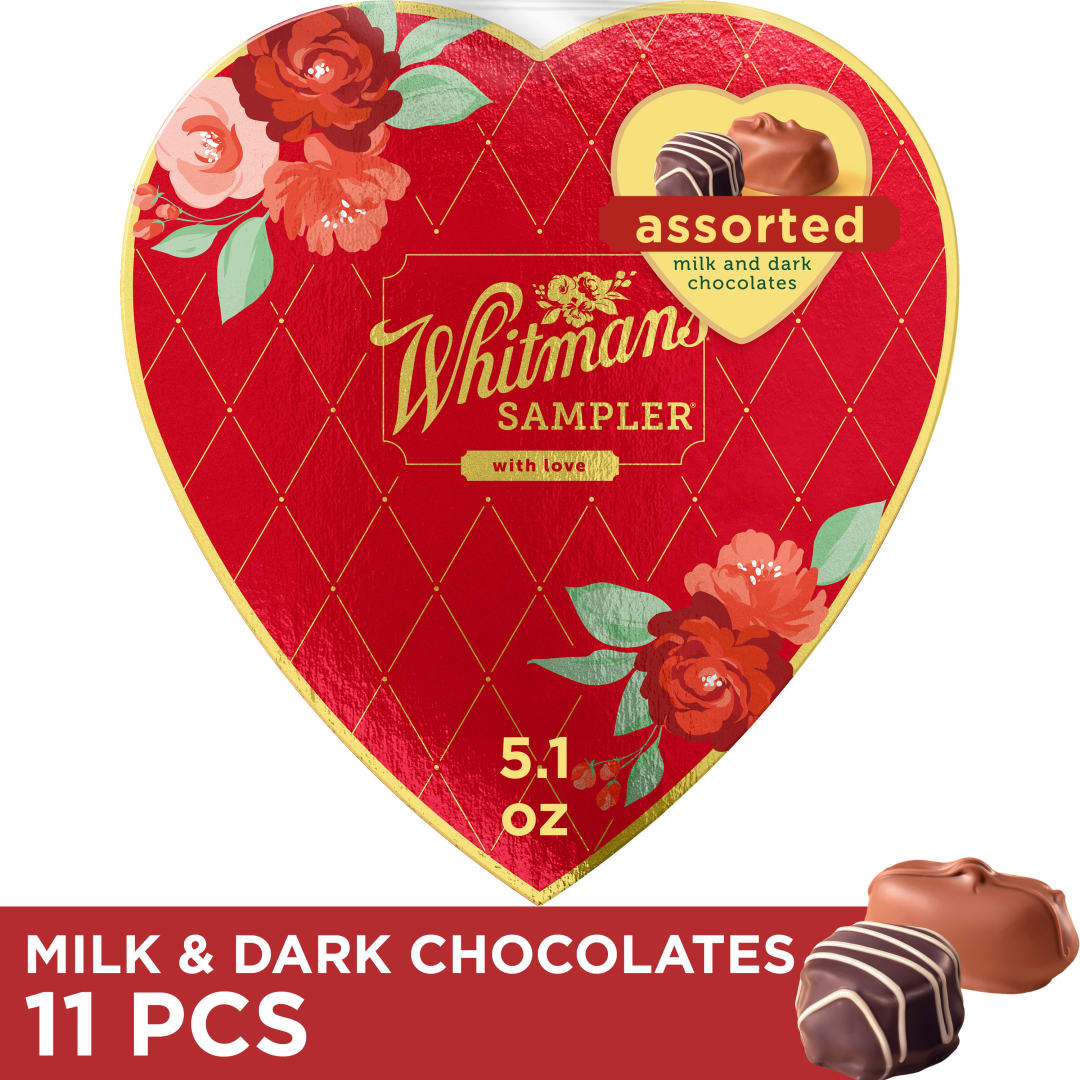 WHITMAN'S SAMPLER Valentine's Day Red Floral Heart Assorted Milk & Dark Chocolate Gift Box, 5.1oz.