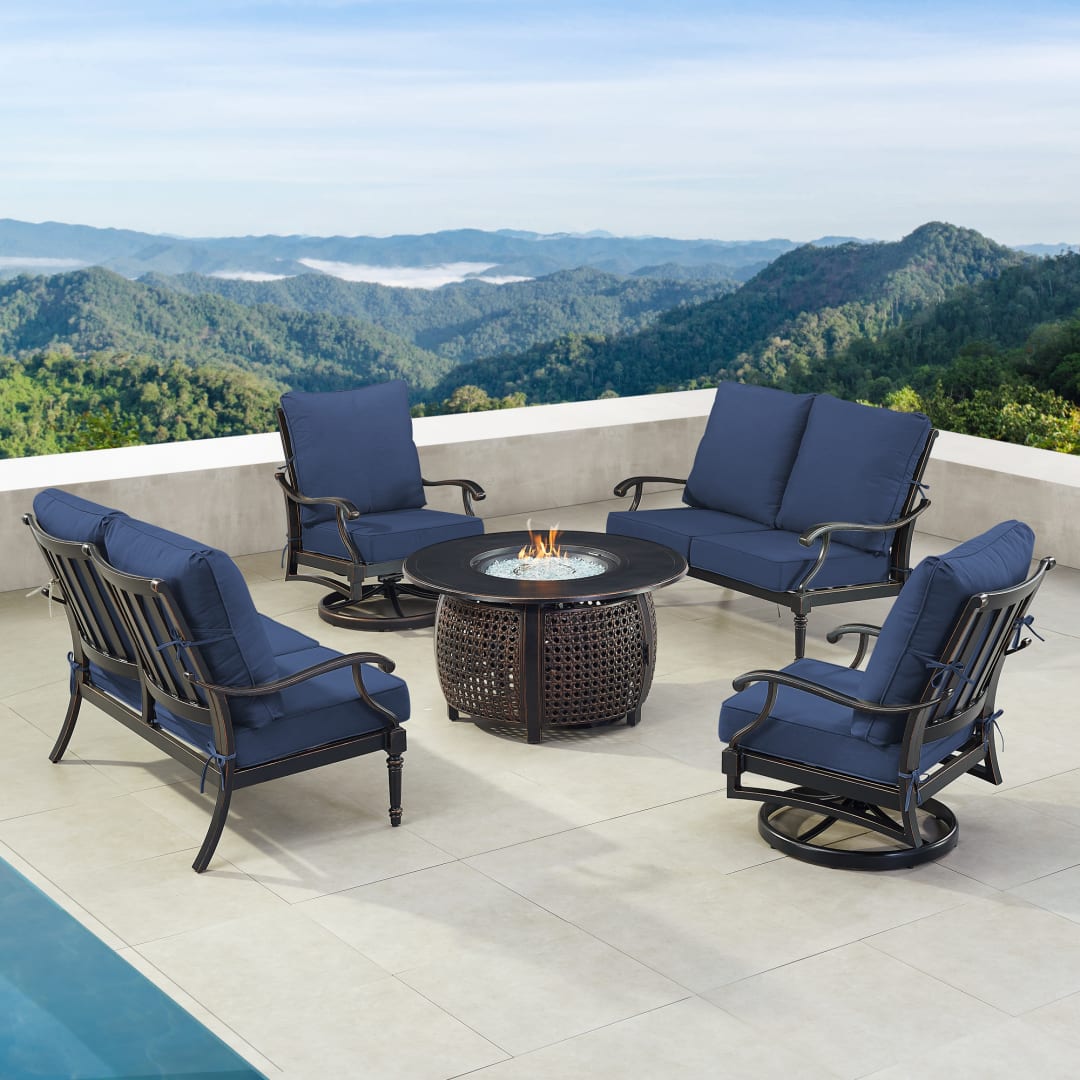 Black Aluminum Patio Fire Table Set with Two Deep Seating Loveseat with Cushions and Two Club Chairs
