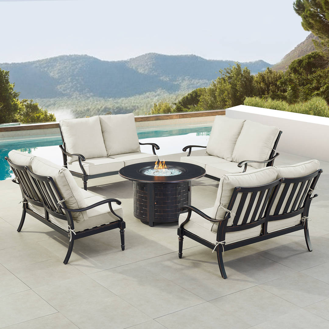 Black Aluminum Patio Fire Table Set with Four Deep Seating Loveseat with Cushions