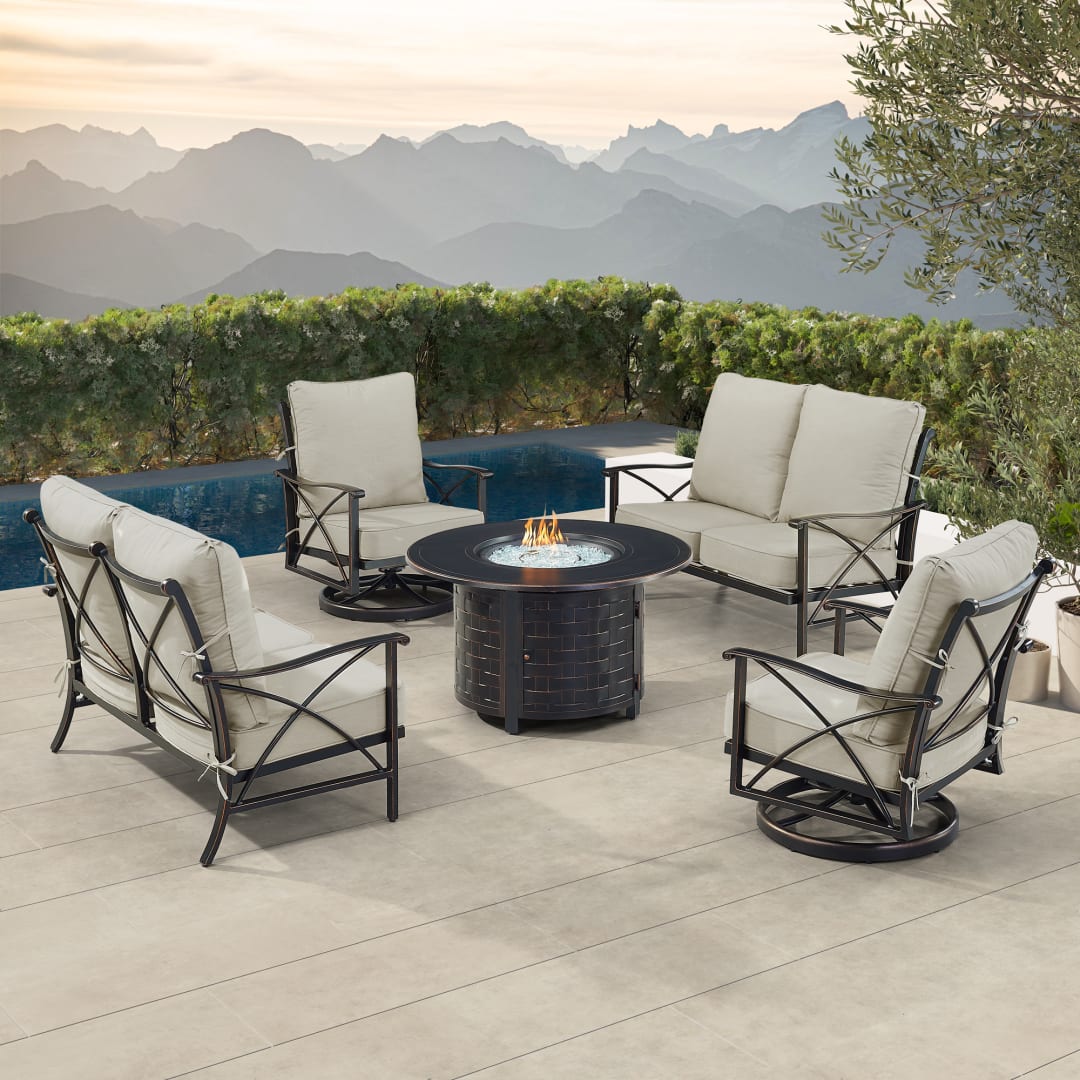Black Aluminum Patio Fire Table Set with Two Deep Seating Loveseat with Cushions and Two Club Chairs