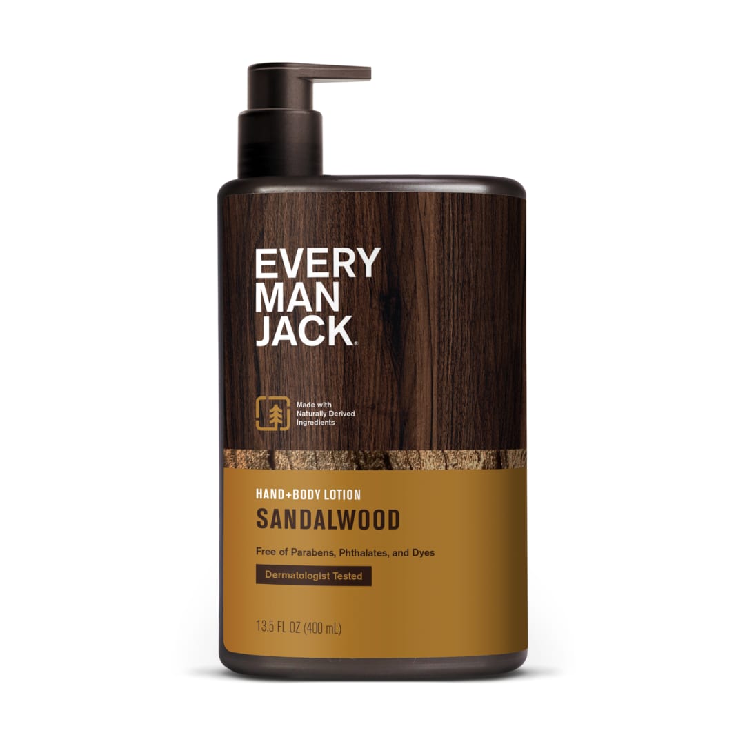 Every Man Jack Mens Sandalwood Hand & Body Lotion for All Skin Types - Dermatologist Tested & Hypoallergenic - Nourish Skin with Lightweight Fast Absorbing Natural Lotion - 13.5oz