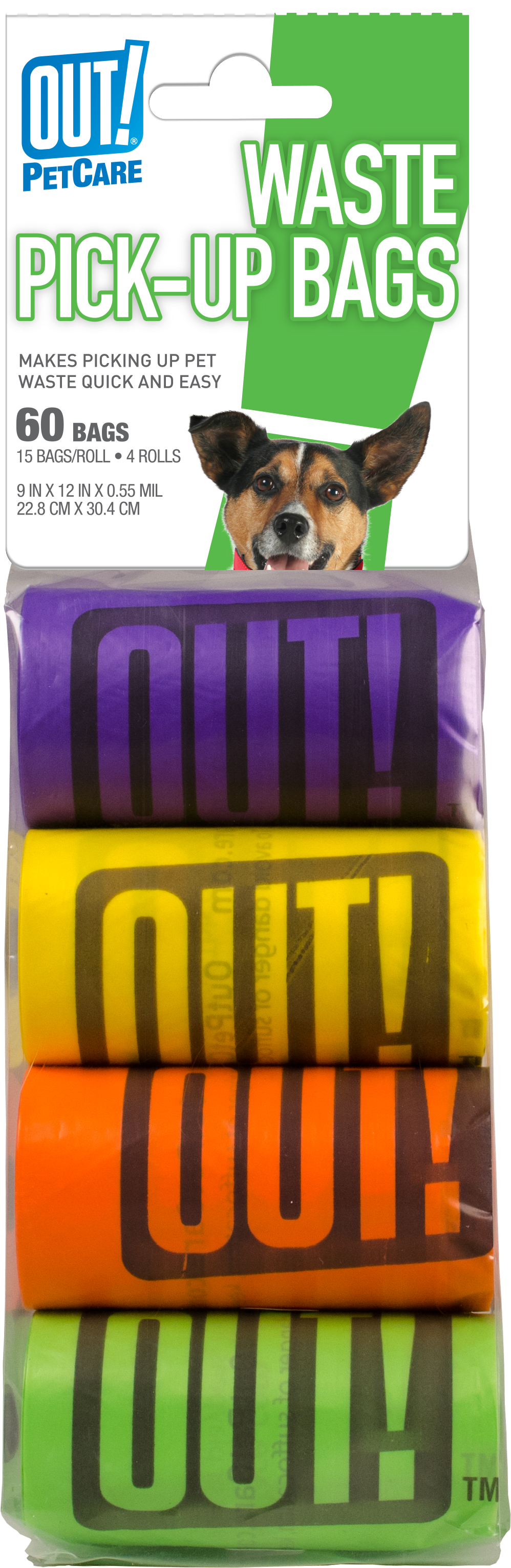 OUT! PetCare Waste Pick Up Bags - Rainbow - 60 Bags Including Clip Strip
