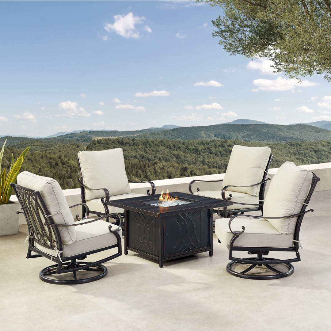 Black Aluminum Patio Fire Table Set with Four Club Chairs