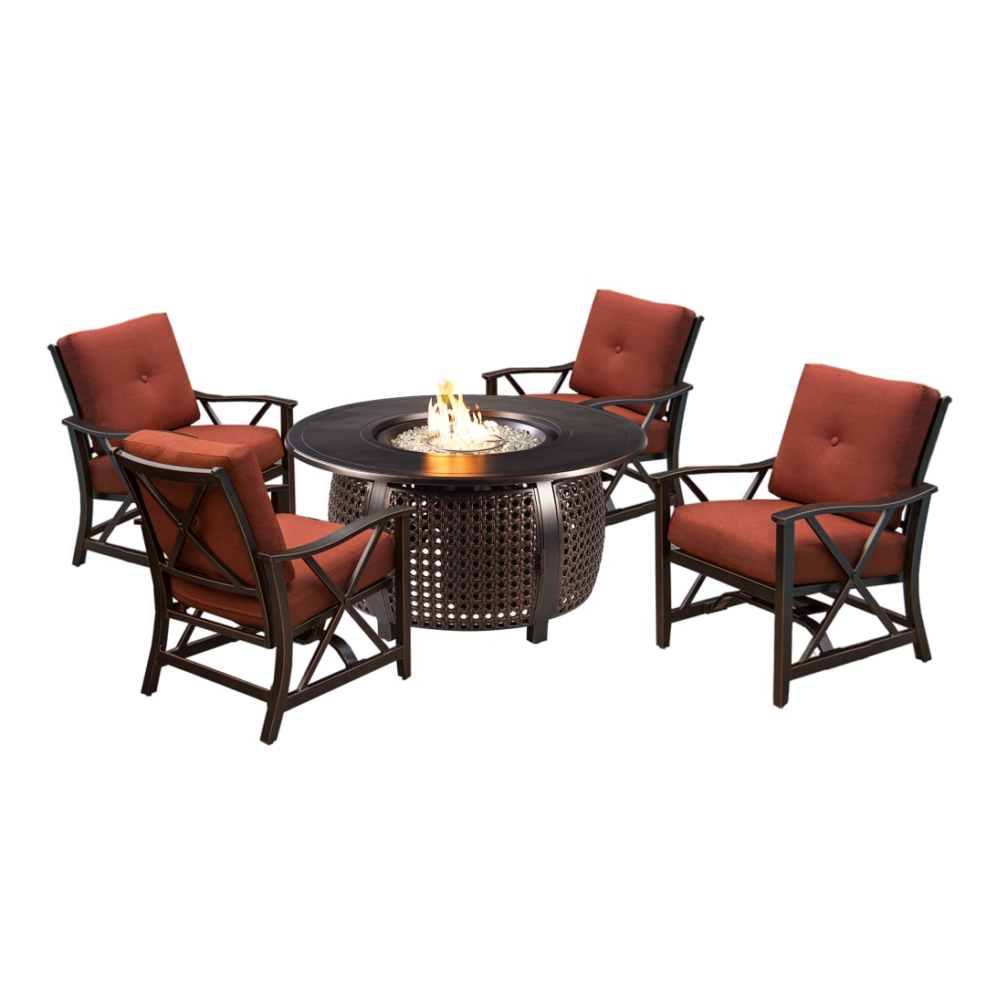 Aluminum 44-in Round Antique Copper Fire Table Set with Four Deep Seating Rocking Chairs, Fire Beads, Lid, Propane Tank Cover and Table Fabric Covers