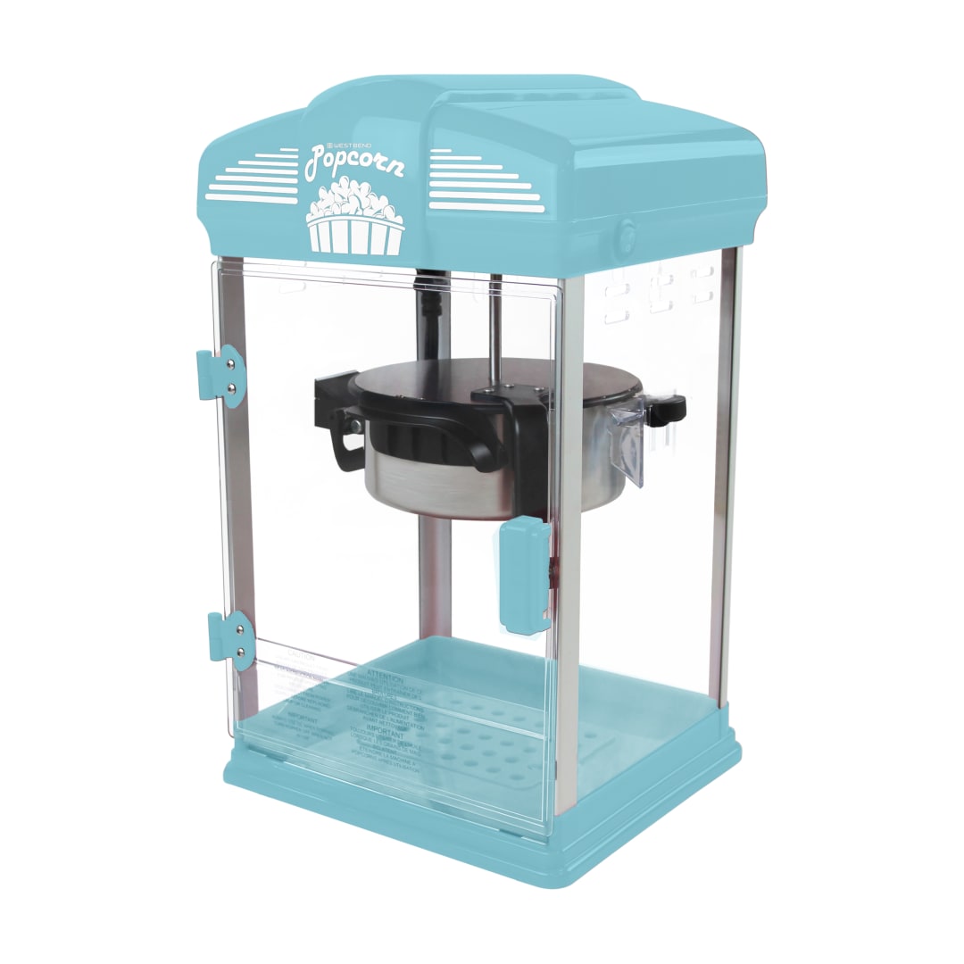 West Bend Theater Crazy Stirring Oil Popcorn Maker with Non-Stick Stainless Steel Kettle, 4 Qt. Capacity, in Blue (PC8251BL13)