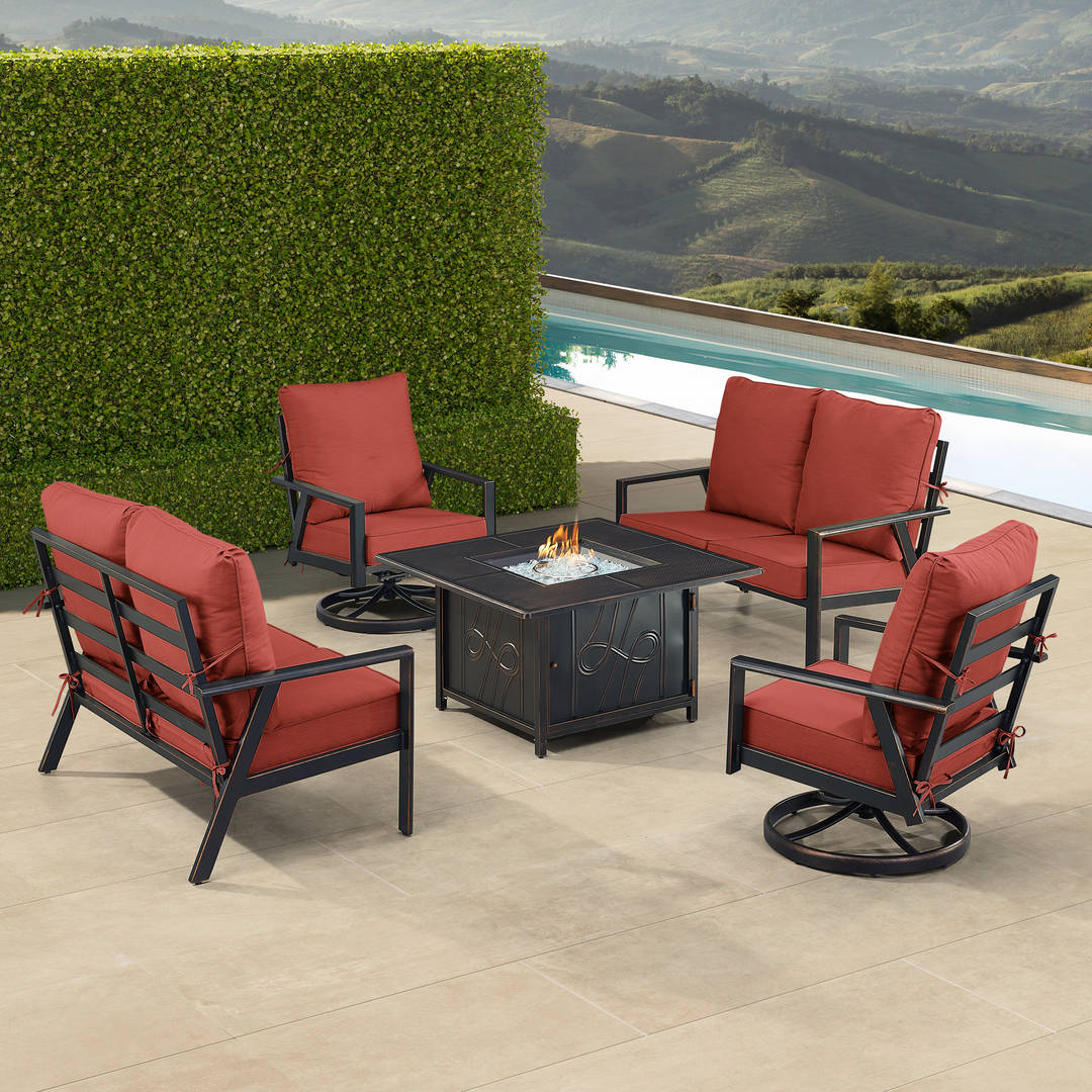 Black Aluminum Patio Fire Table Set with Two Deep Seating Loveseat with Cushions and Two Club Chairs