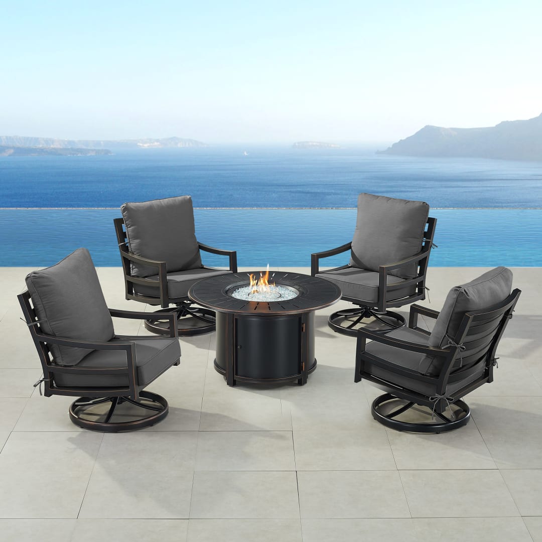 Black Aluminum Patio Fire Table Set with Four Club Chairs