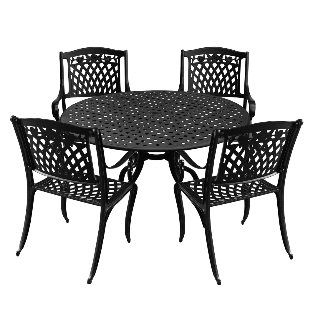 Modern Ornate Outdoor Mesh Aluminum 42-in Black Round Patio Dining Set with Four Chairs