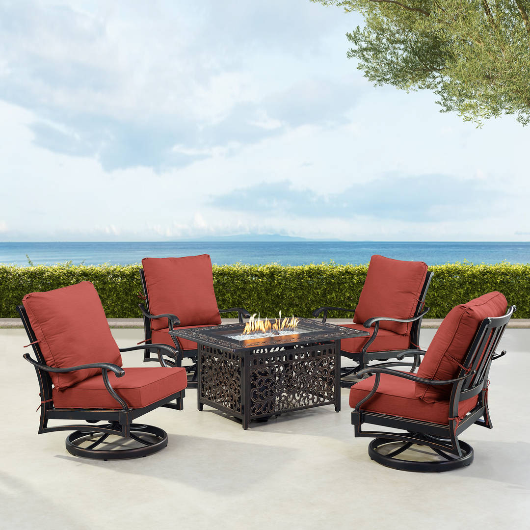 Black Aluminum Patio Fire Table Set with Four Club Chairs