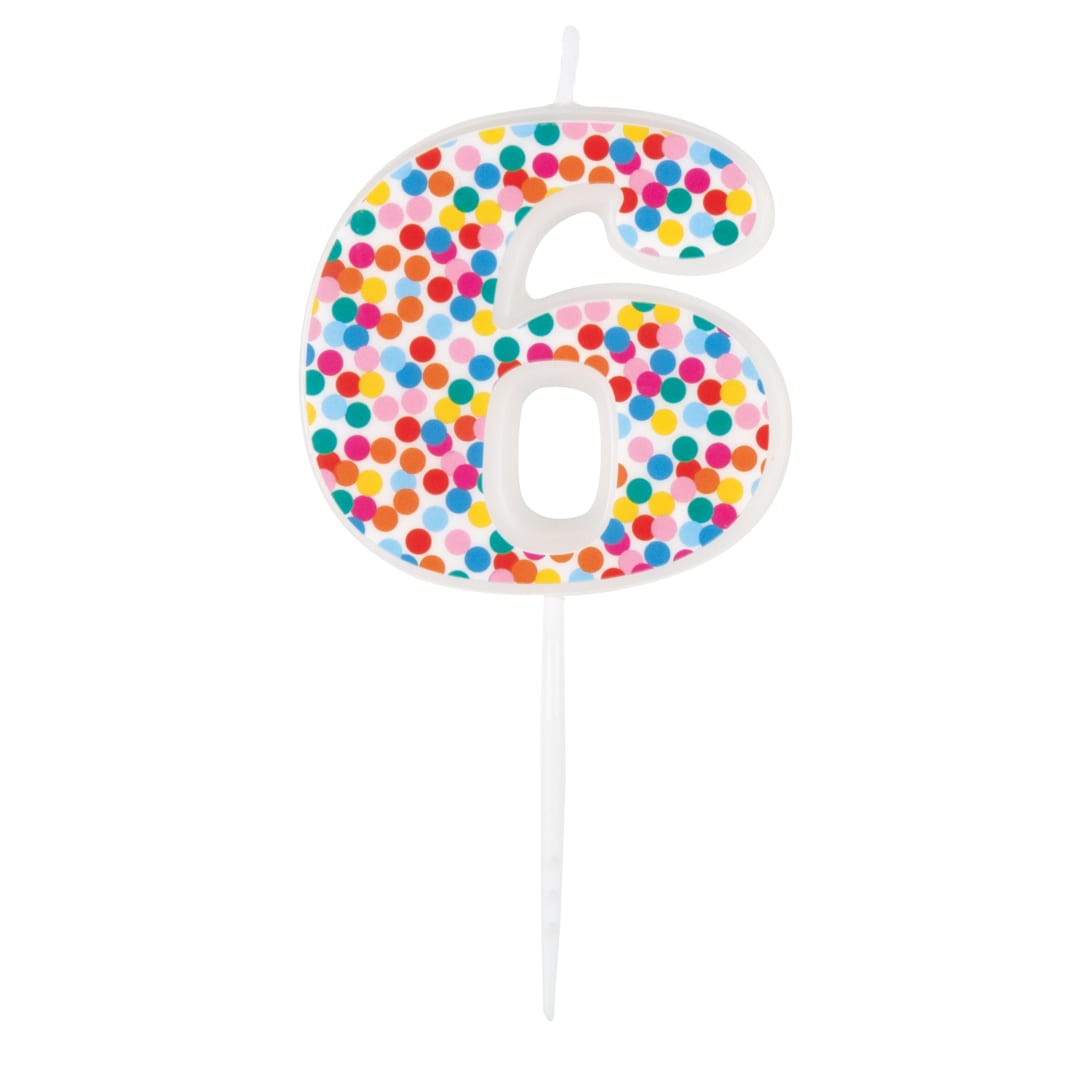 Packed Party Number 6 Confetti Patterned White Pick Birthday Candle