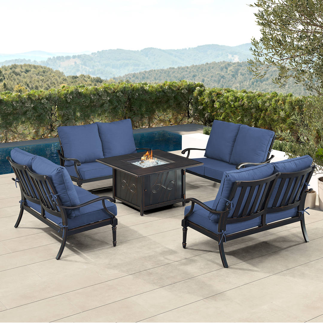 Black Aluminum Patio Fire Table Set with Four Deep Seating Loveseat with Cushions