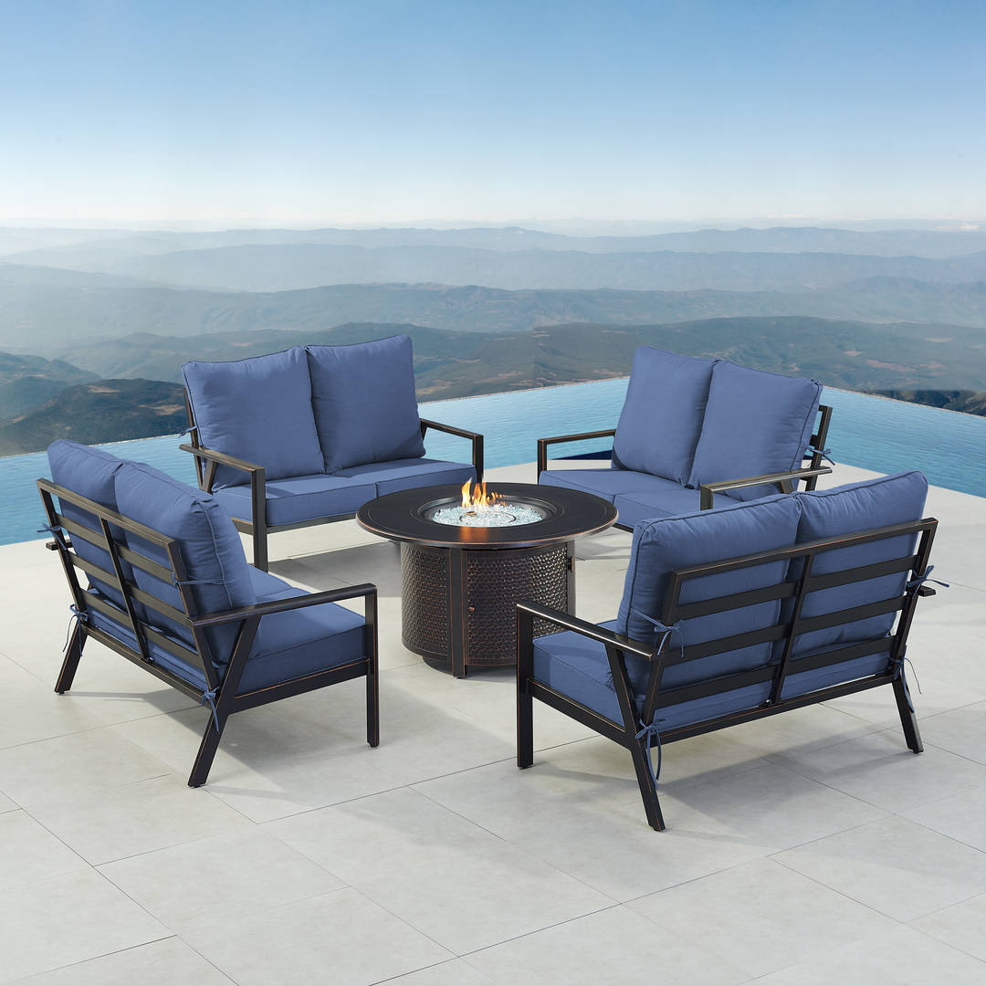 Black Aluminum Patio Fire Table Set with Four Deep Seating Loveseats with Cushions