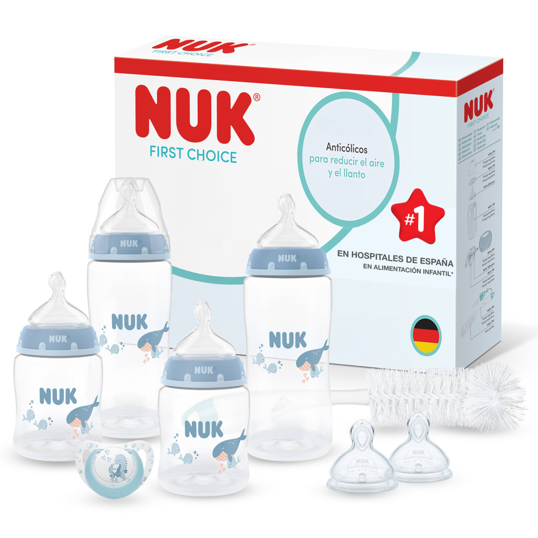 NUK First Choice Perfect Start Set de Biberones para Recién Nacidos | 0-6 Meses | 4 Biberones Anticólicos (150 ml, 300 ml), 2 Tetinas, 1 Chupete, 1 Cepillo para Biberones | Ballena | 8 Piezas