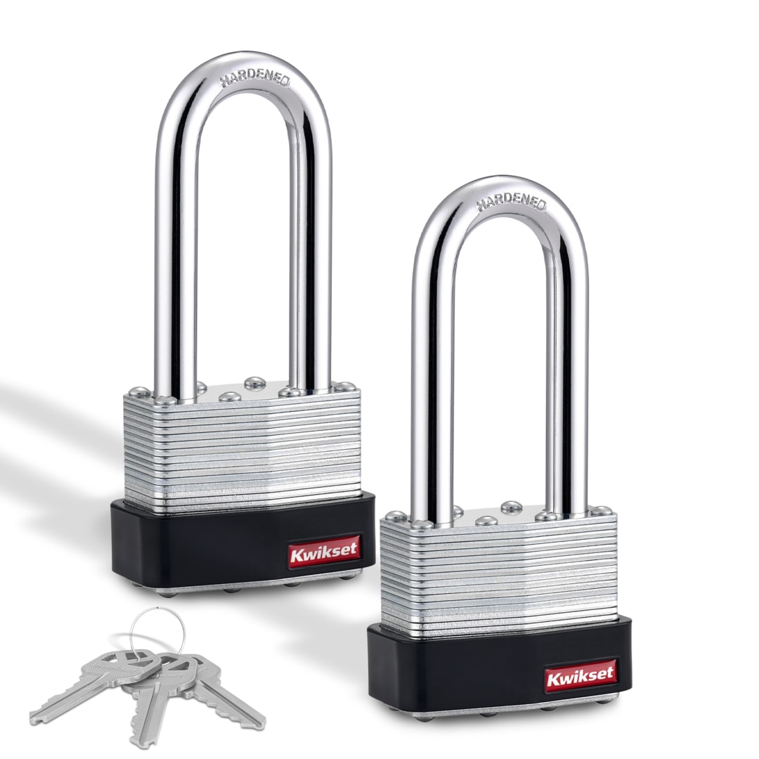 Kwikset Laminated Steel Padlock with Hardened Steel Shackle, 2 in Body, 2-1/2 in Shackle, 2 Pack