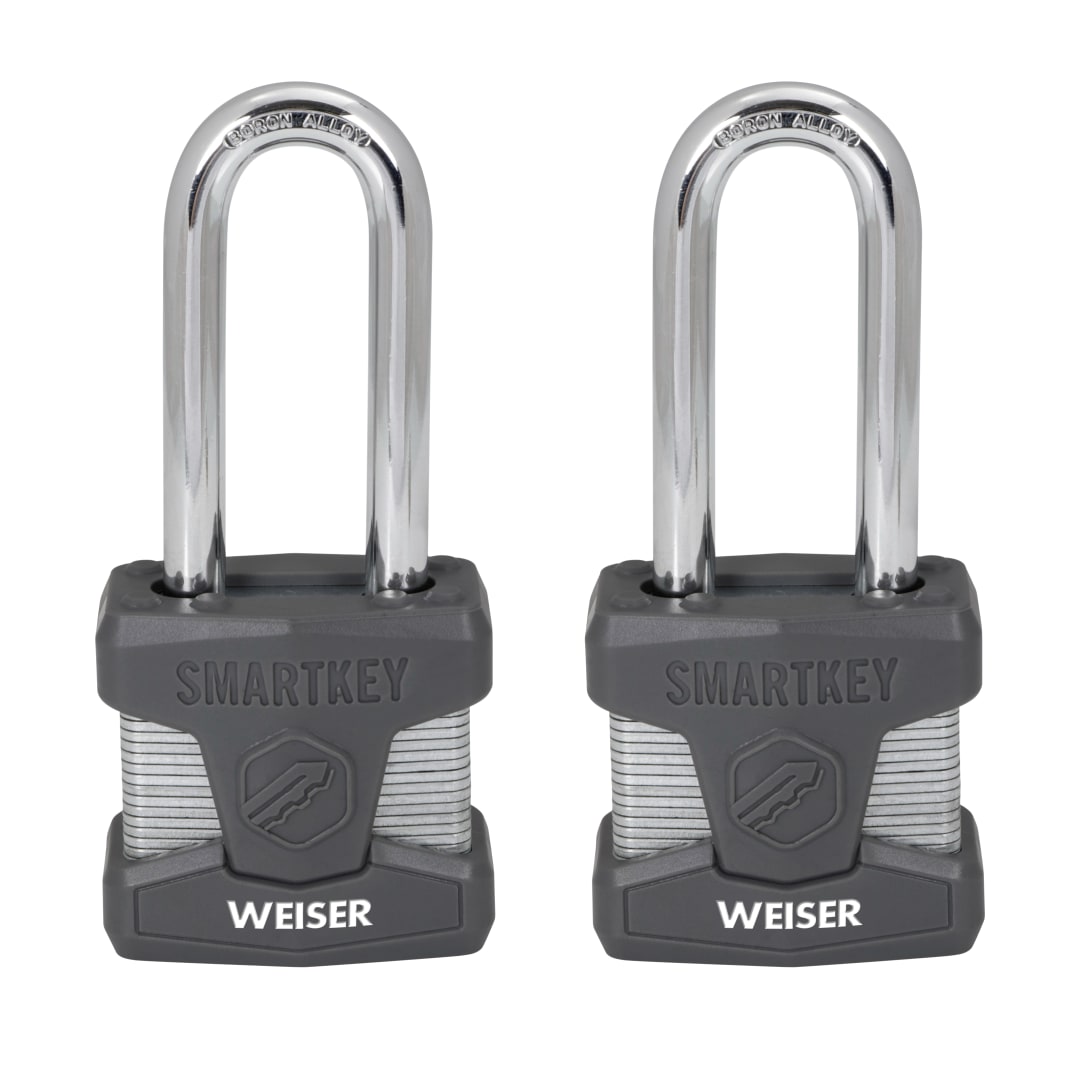 Weiser SmartKey Re Keyable Laminated Steel Padlock with Boron Carbide Shackle, Outdoor Gate and Storage Lock, 2 in Body, 2-1/2 in Shackle, 2 Pack Keyed Alike, Silver