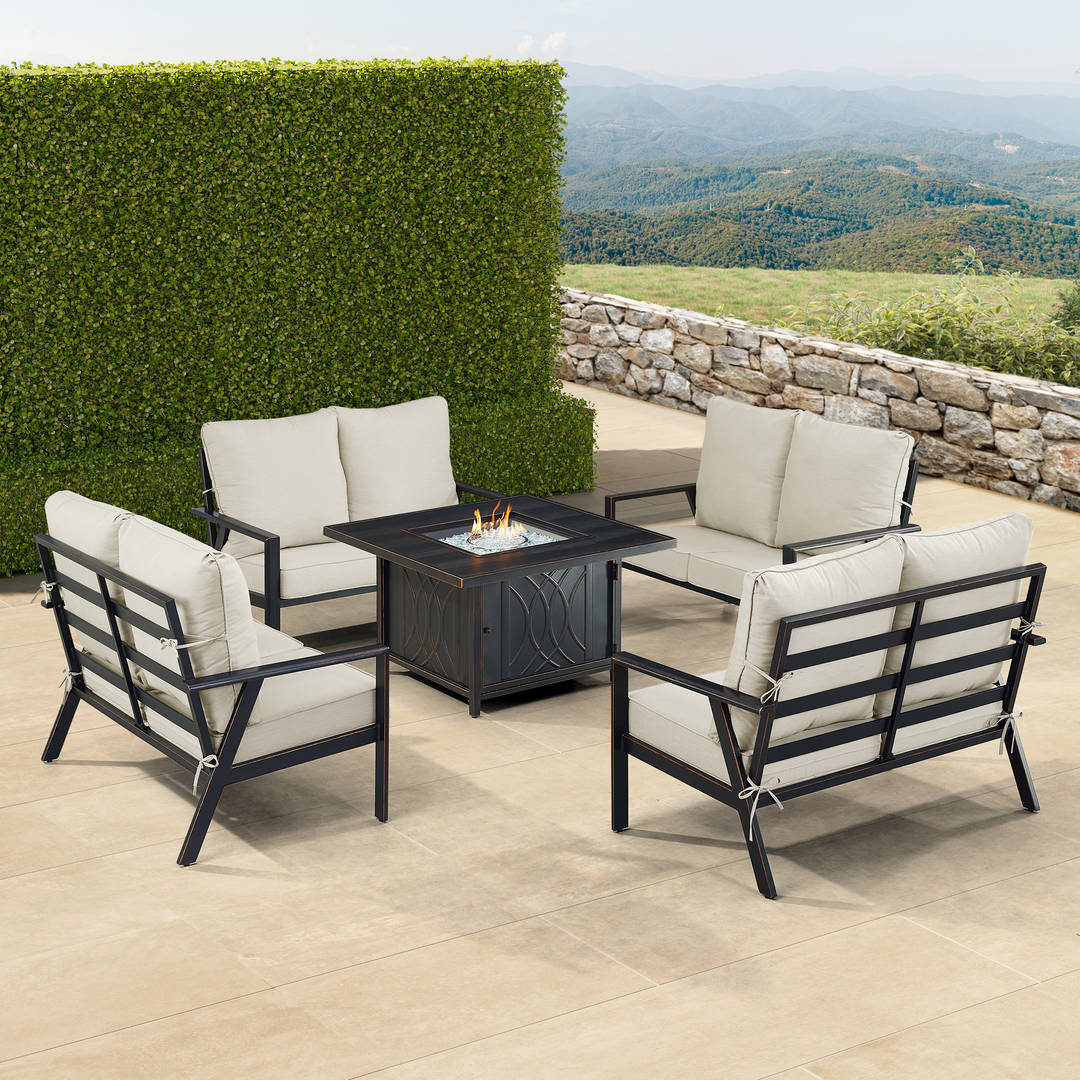 Black Aluminum Patio Fire Table Set with Four Deep Seating Loveseats with Cushions