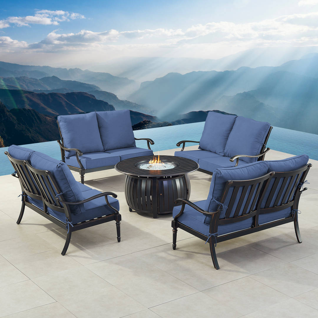 Black Aluminum Patio Fire Table Set with Four Deep Seating Loveseat with Cushions