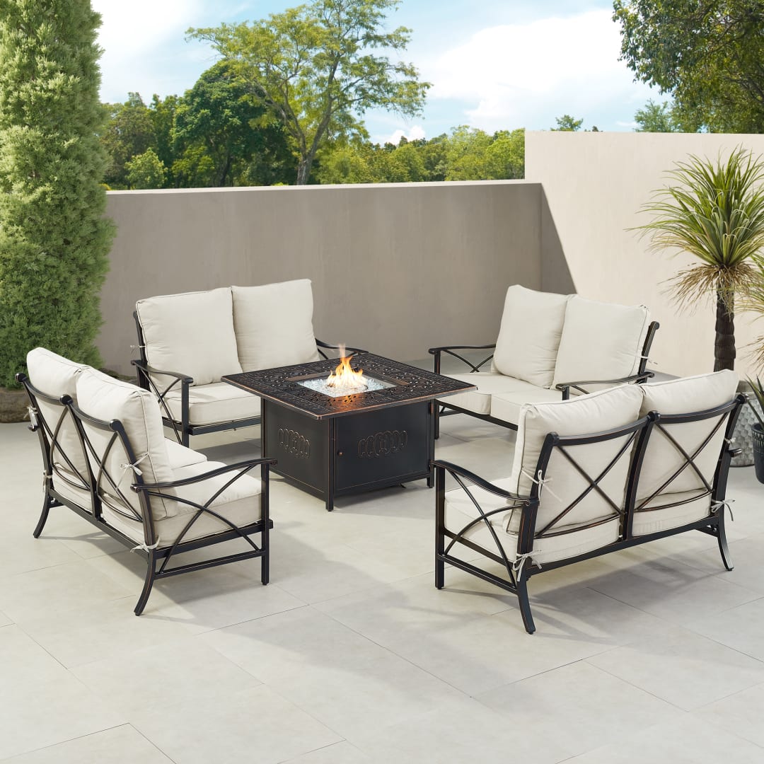 Black Aluminum Patio Fire Table Set with Four Deep Seating Loveseat with Cushions