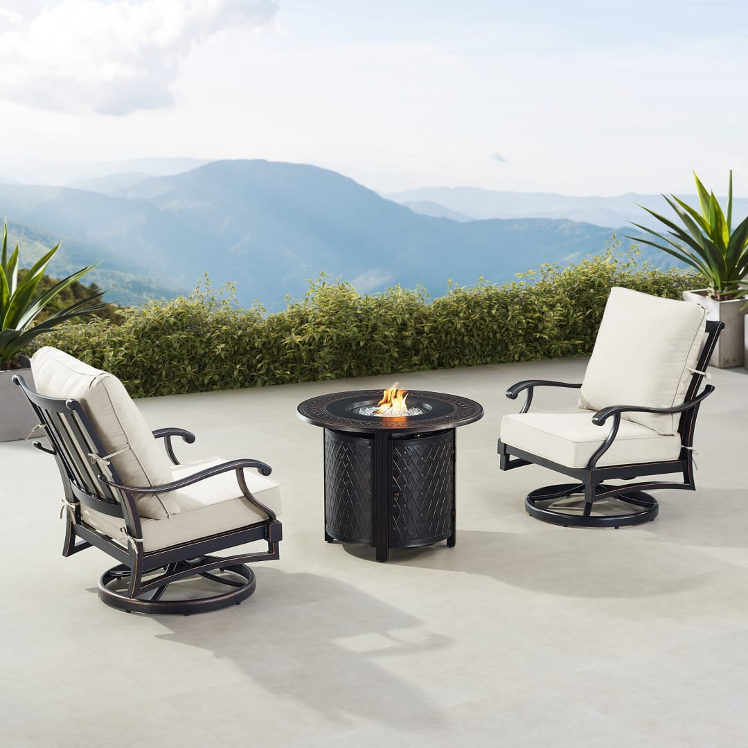 Black Aluminum Patio Fire Table Bistro Set with Two Club Chairs