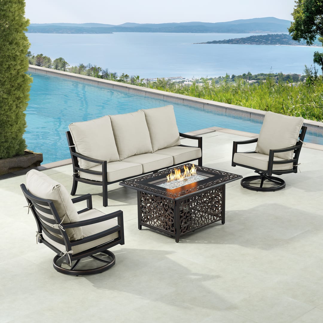 Black Aluminum Patio Fire Table Set with Deep Seating Sofa with Cushion and Two Club Chairs