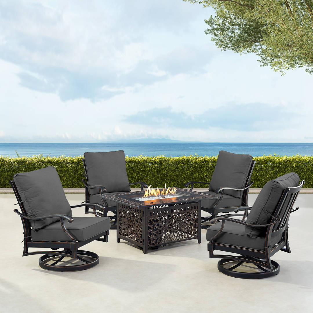 Black Aluminum Patio Fire Table Set with Four Club Chairs
