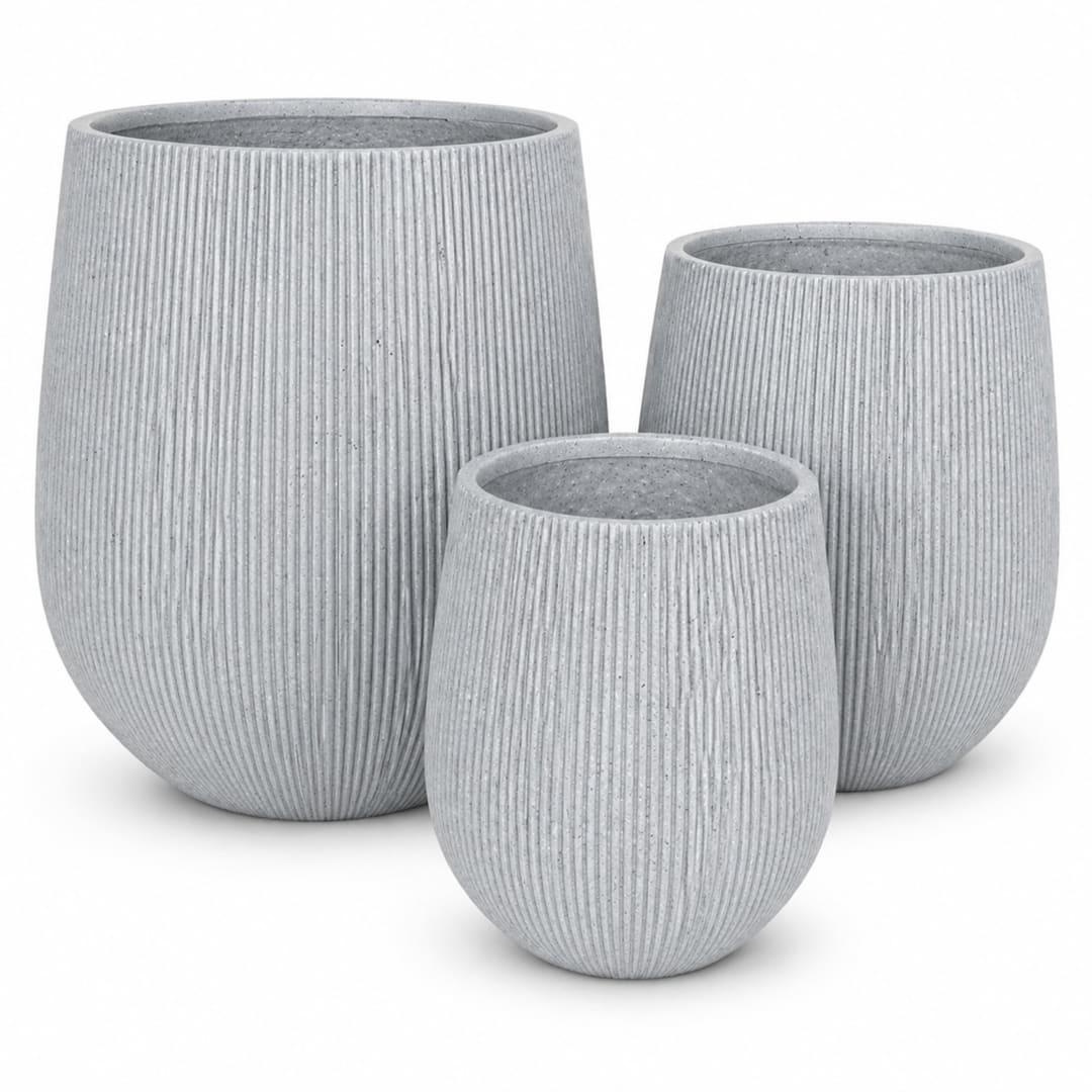 Set of 3 Fluted Round Polystone Indoor/Outdoor Planters, Gray