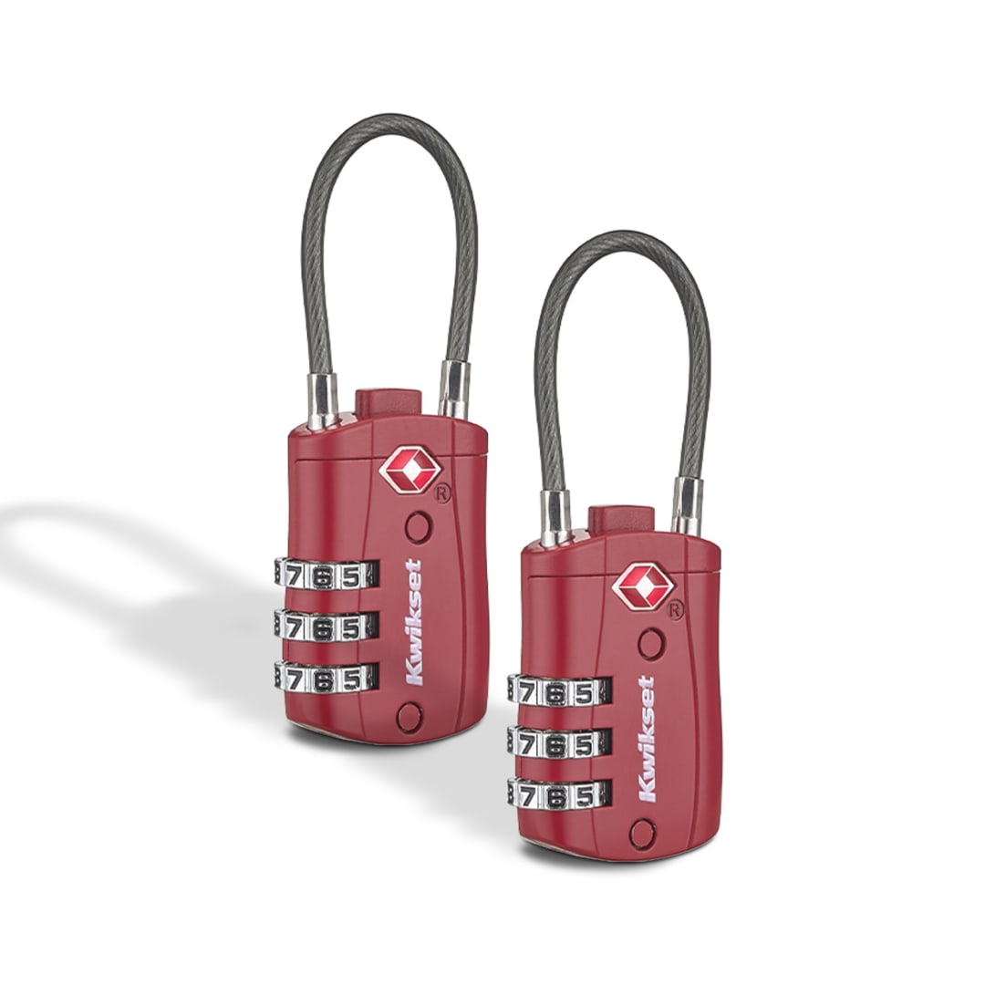 Kwikset TSA Approved Combination Luggage Lock with Cable, 3-Digit, 1-3/16 in Body, 2 Pack, Red