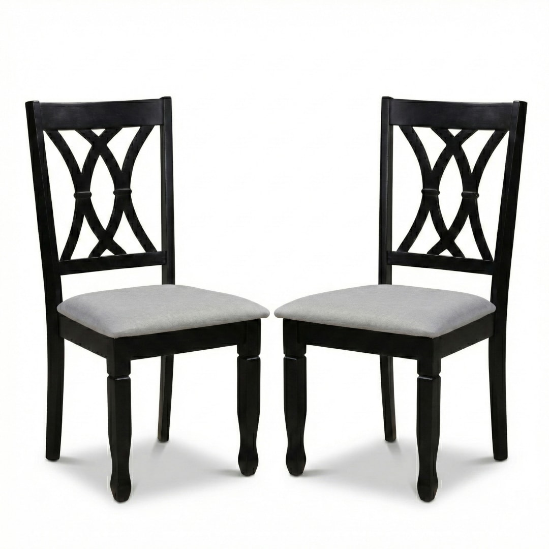 Traditional Dining Chairs, Set of 2, Black Finish with Grey Polyester Upholstered Seats Solid Rubberwood