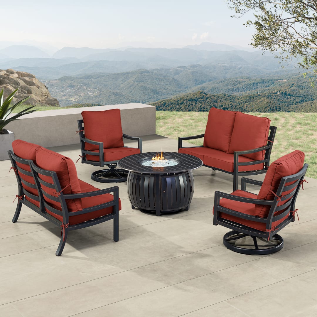 Black Aluminum Patio Fire Table Set with Two Deep Seating Loveseat with Cushions and Two Club Chairs