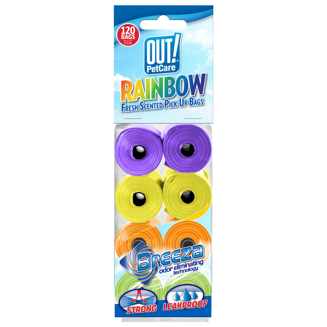 OUT! Dog Waste Pickup Bags, 8 rolls 120 bags, rainbow colors