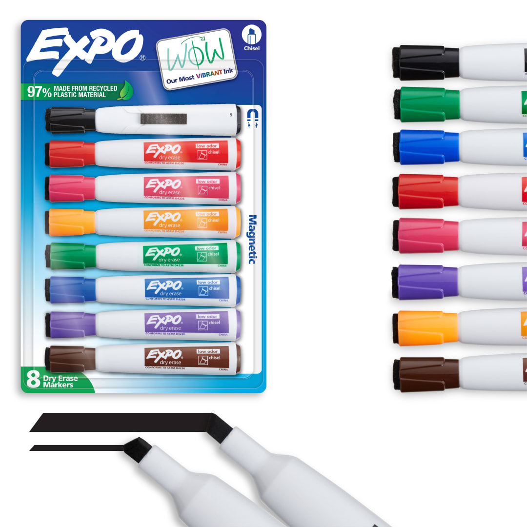 EXPO Magnetic Dry Erase Markers with Eraser, Assorted Colours, Chisel Tip, 8 Count