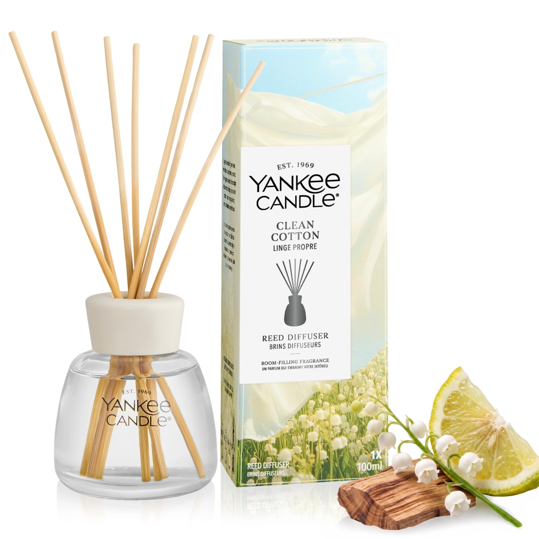 Yankee Candle Difusor de caña perfumado, Clean Cotton, 100 ml | Ambientadores de hogar, Hasta 10 semanas de fragancia, regalos originales para mujer