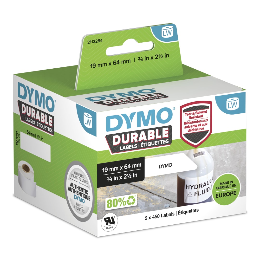 DYMO LW autnticas etiquetas durables | 19mm64mm | 2rollos de 450etiquetas "White Poly" (900unidades) | Etiquetas que duran sobre superficies exigentes para etiquetadoras LabelWriter