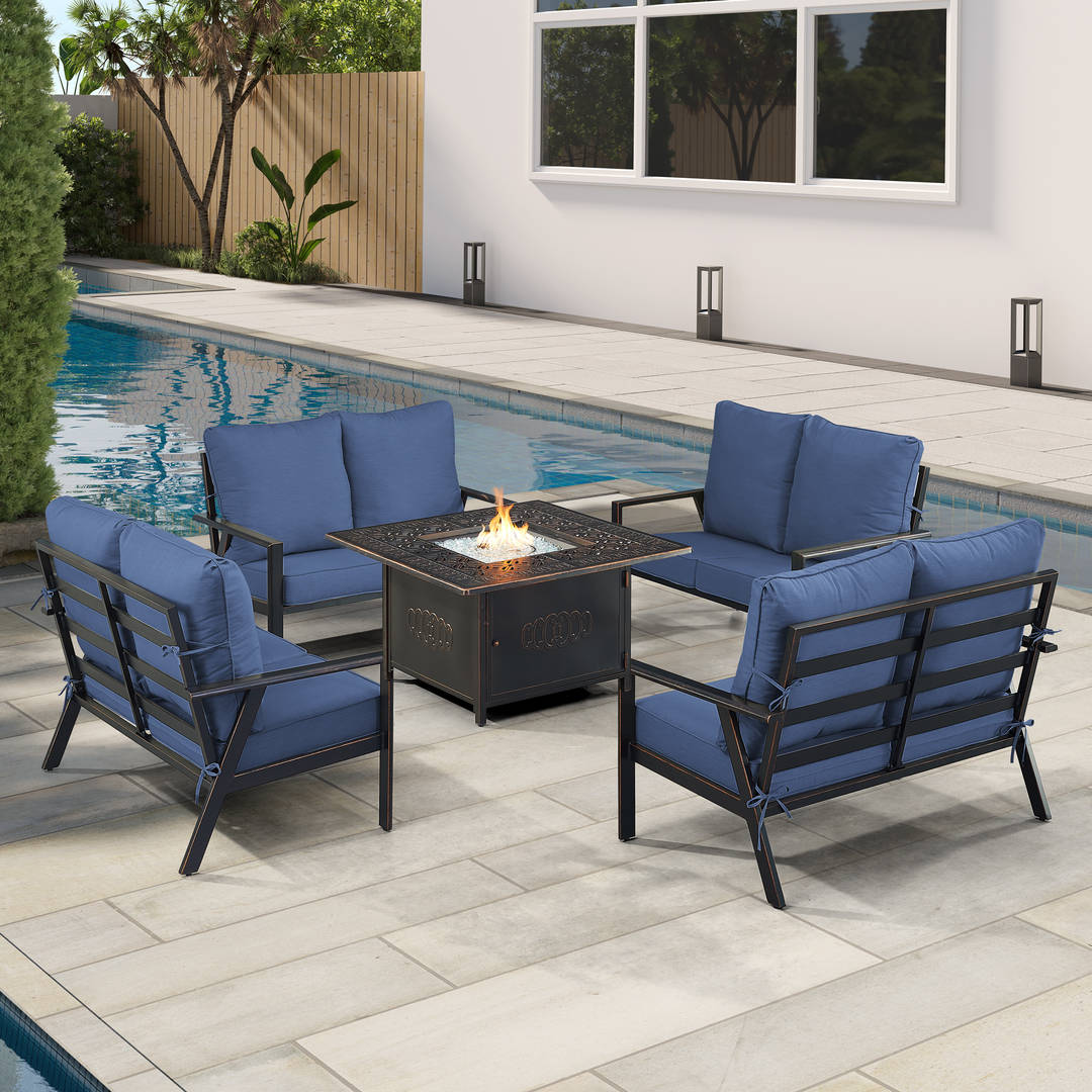 Black Aluminum Patio Fire Table Set with Four Deep Seating Loveseats with Cushions