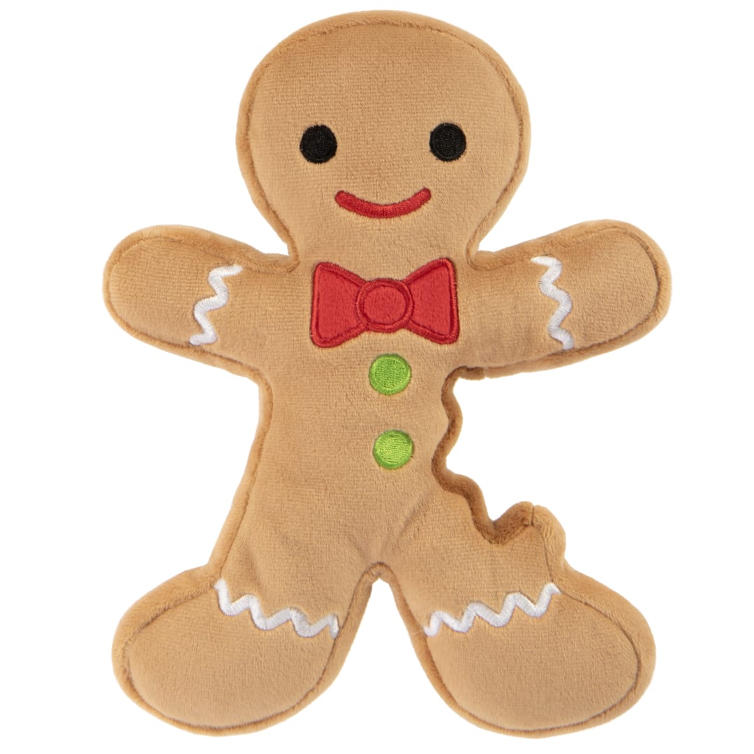 goDog Holiday Collection Gingerbread Man Squeaky Crinkle Dog Toy, Plush with Chew Guard Technology, Brown, Medium