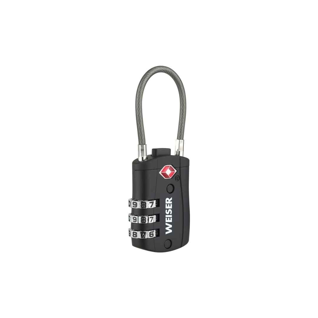 Weiser TSA Approved 3-Digit Combination Luggage Lock with Cable, Travel Suitcase and Bag Lock, 1-3/16 in Body, 1 Pack, Black