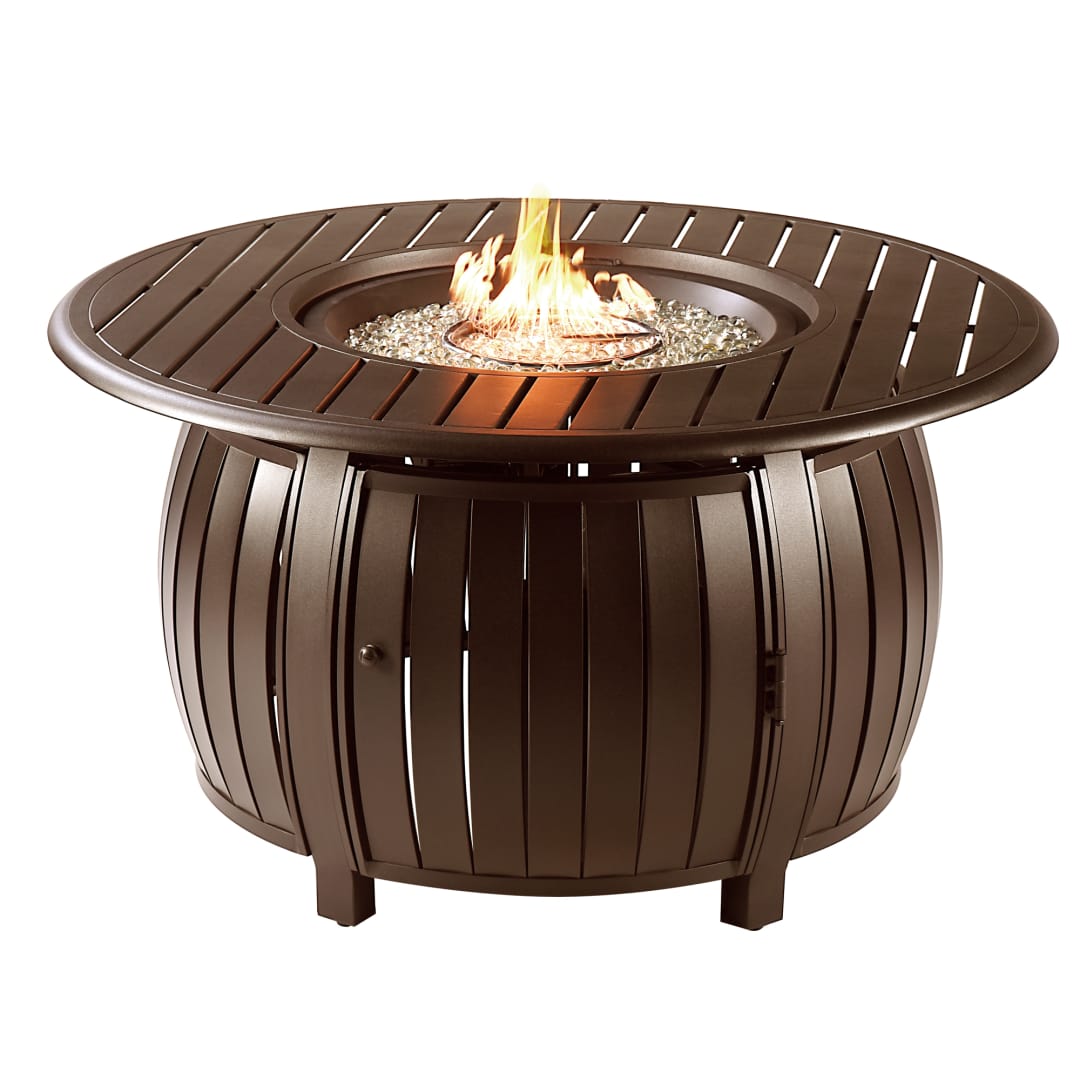 Round 44 in. x 44 in. Aluminum Propane Fire Pit Table with Glass Beads, Two Covers, Lid, 55,000 BTUs in Brown Finish
