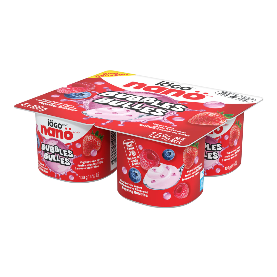 iÖGO nanö Bubbles Mixed Berries Yogurt with Strawberry Bubbles 1.5%, 4x100g