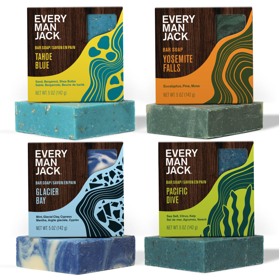 Every Man Jack Cold Processed Mens Bar Soap Variety Pack - Deeply Cleans & Hydrates w/Naturally Derived Ingredients - Pacific Dive, Glacier Bay, Tahoe Blue, Yosemite Falls, Variety Pack (4 Pack)