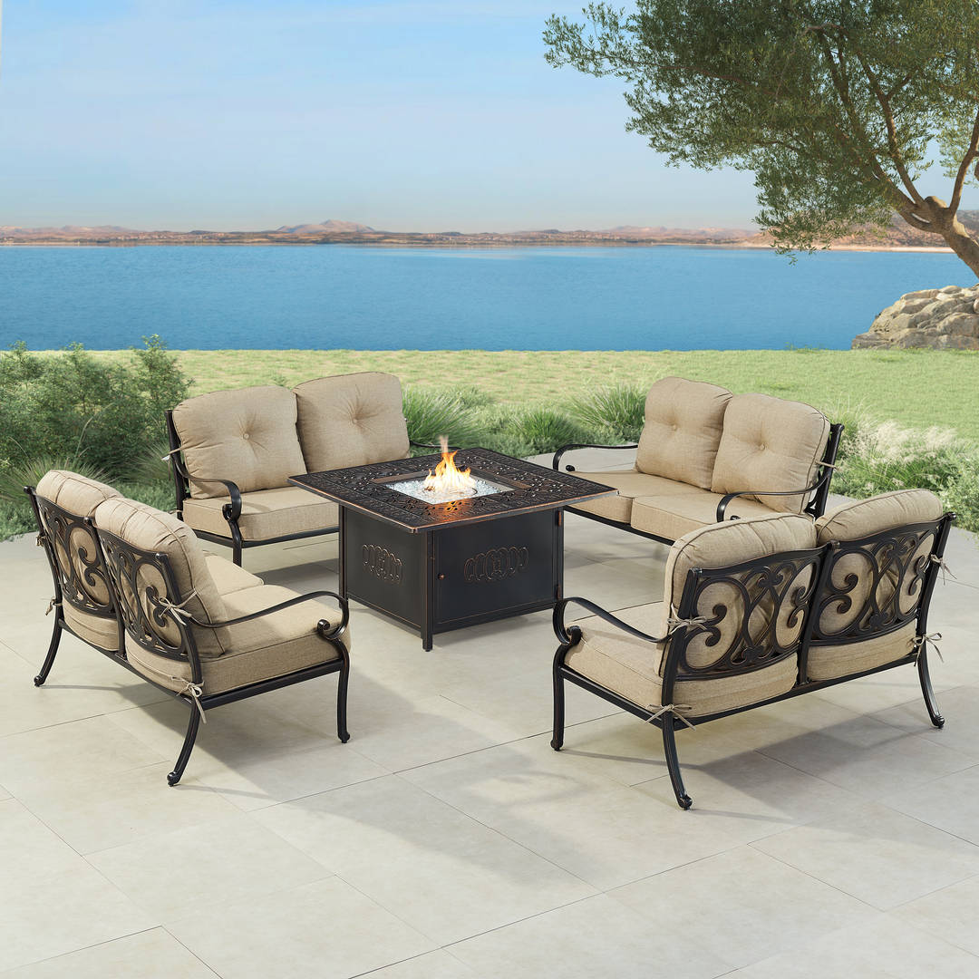 Black Aluminum Patio Fire Table Set with Four Deep Seating Loveseat with Cushions